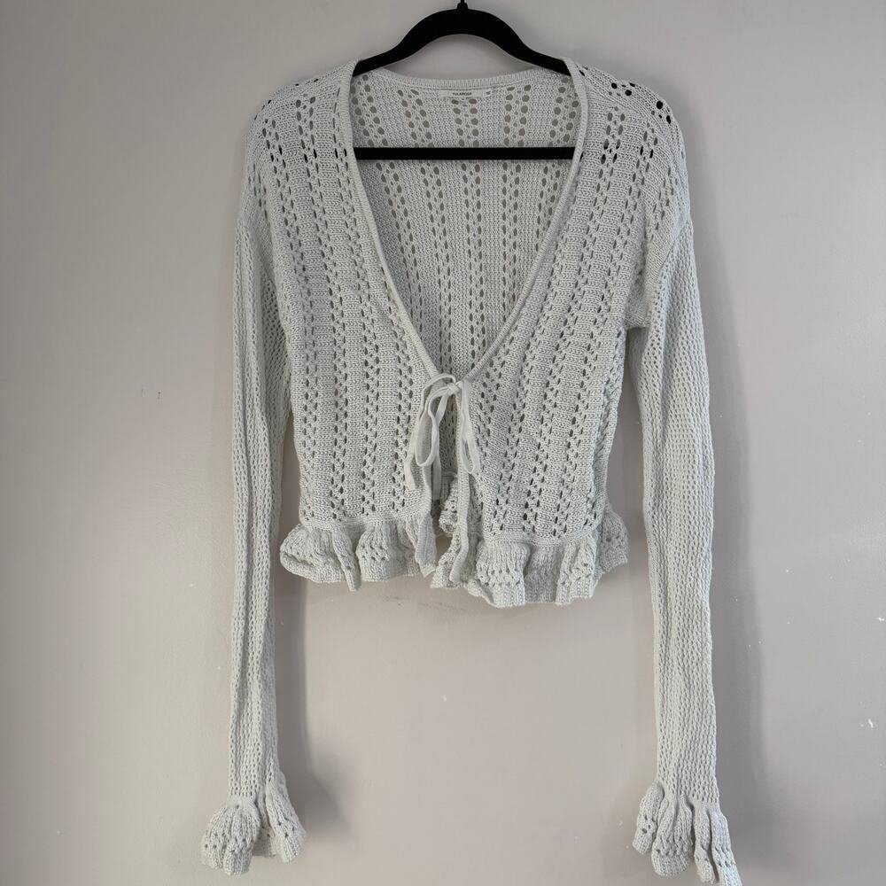 Tularosa Loose Knit Ruffle Hem‎ Cotton Blend Tie Front Cardigan Beachy Boho Sz M